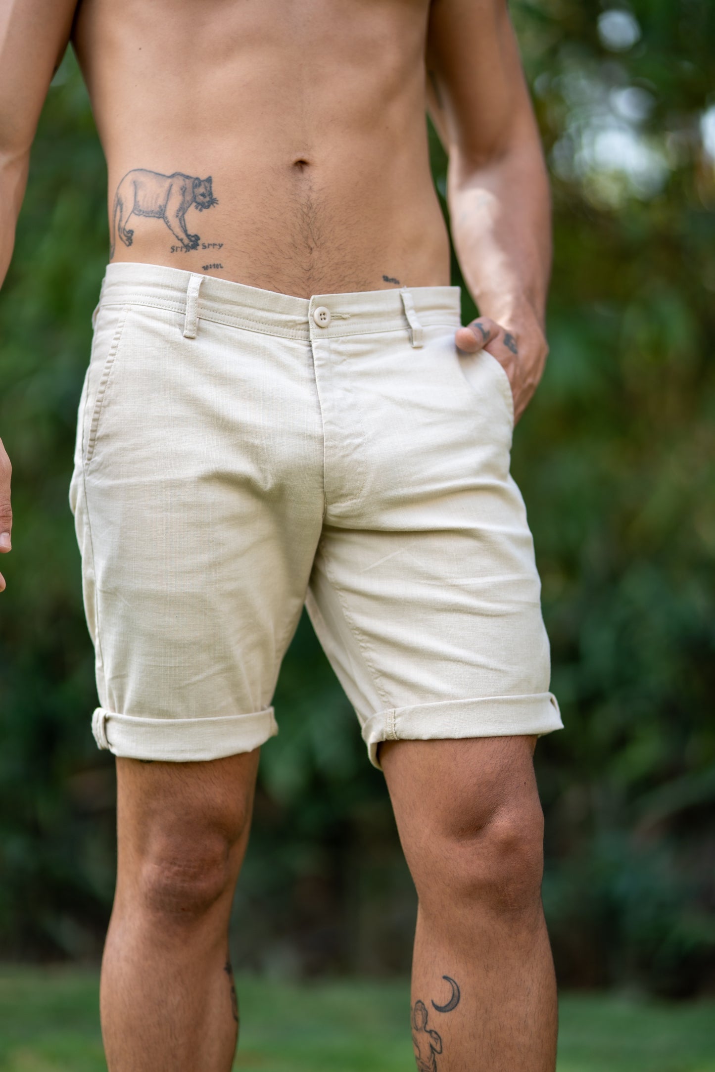 Men's Beige Linen Touch Casual Shorts
