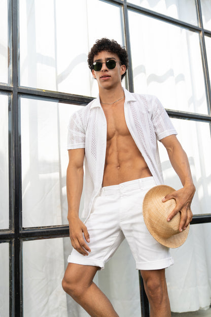 Men's White  Linen Touch Casual Shorts